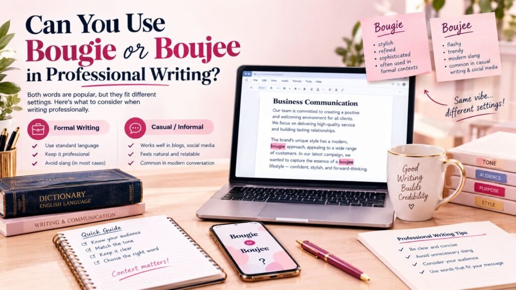 Bougie vs Boujee in professional writing, showing formal and casual language choices with a business document, dictionary, and proofreading tools.