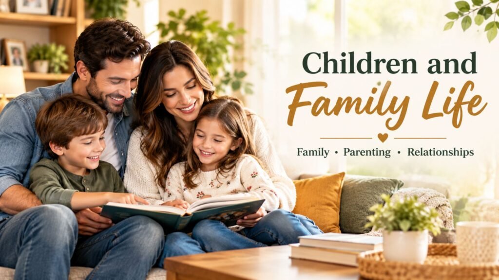 Warm family scene showing parents and children spending quality time together in a cozy home, representing children and family life
