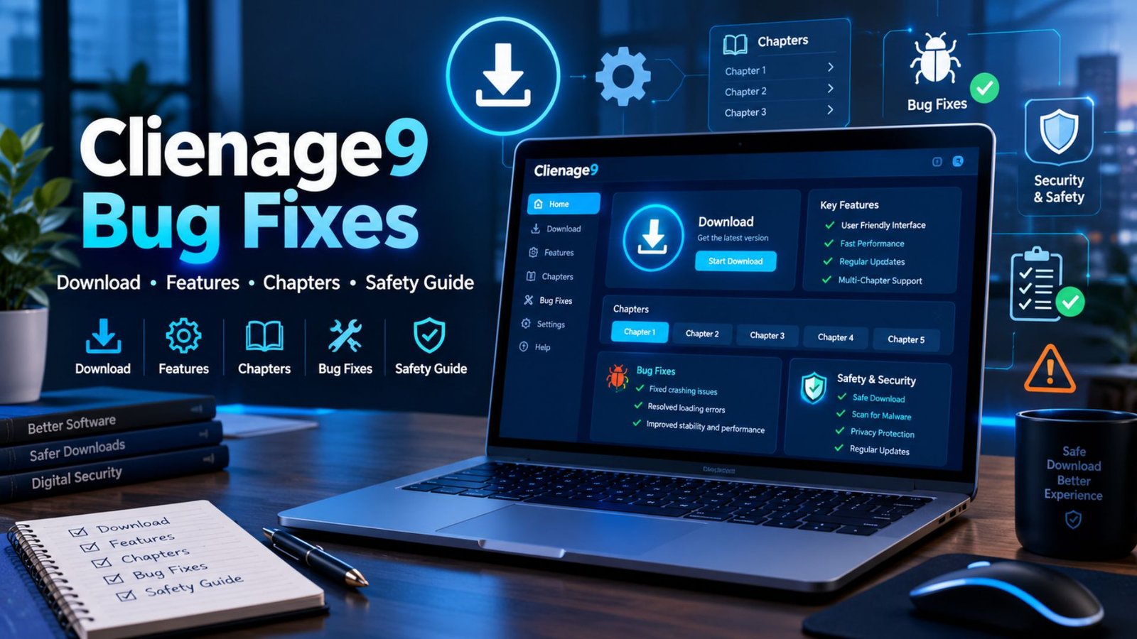 “Clienage9 bug fixes featured image showing a modern computer interface with download, software features, troubleshooting, chapters, and digital safety icons.”