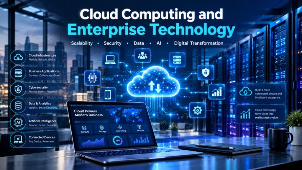 Cloud computing and enterprise technology featuring connected cloud infrastructure, servers, AI, cybersecurity, data analytics, and digital business systems.