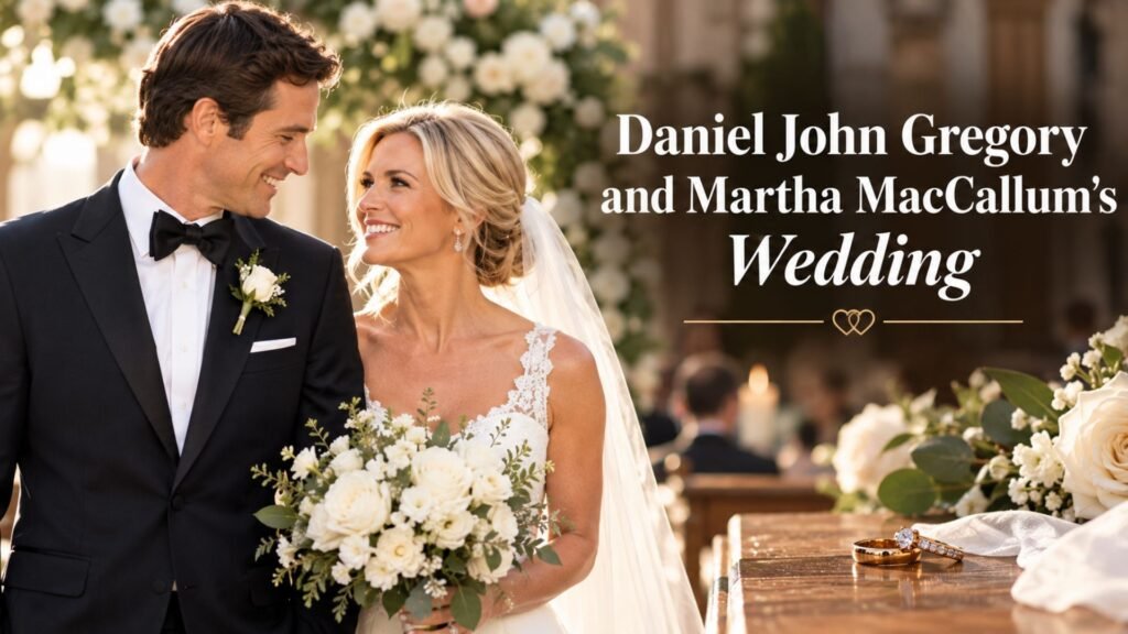 Alt Text: Daniel John Gregory and Martha MacCallum wedding scene with bride and groom, white flowers, wedding rings, and elegant ceremony setting.