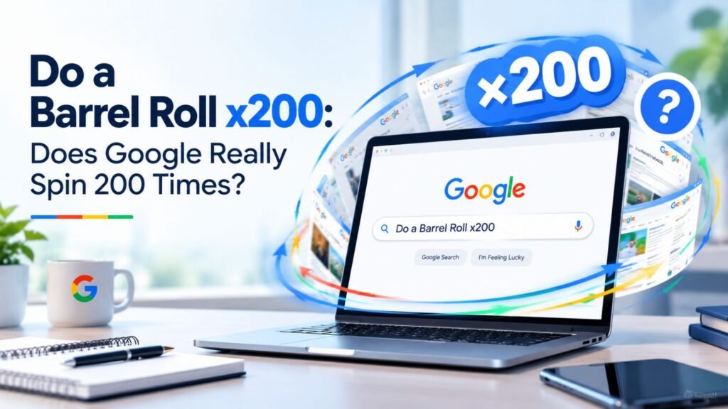 Do a Barrel Roll x200 Google Easter egg showing a rotating search screen and 200-spin concept.