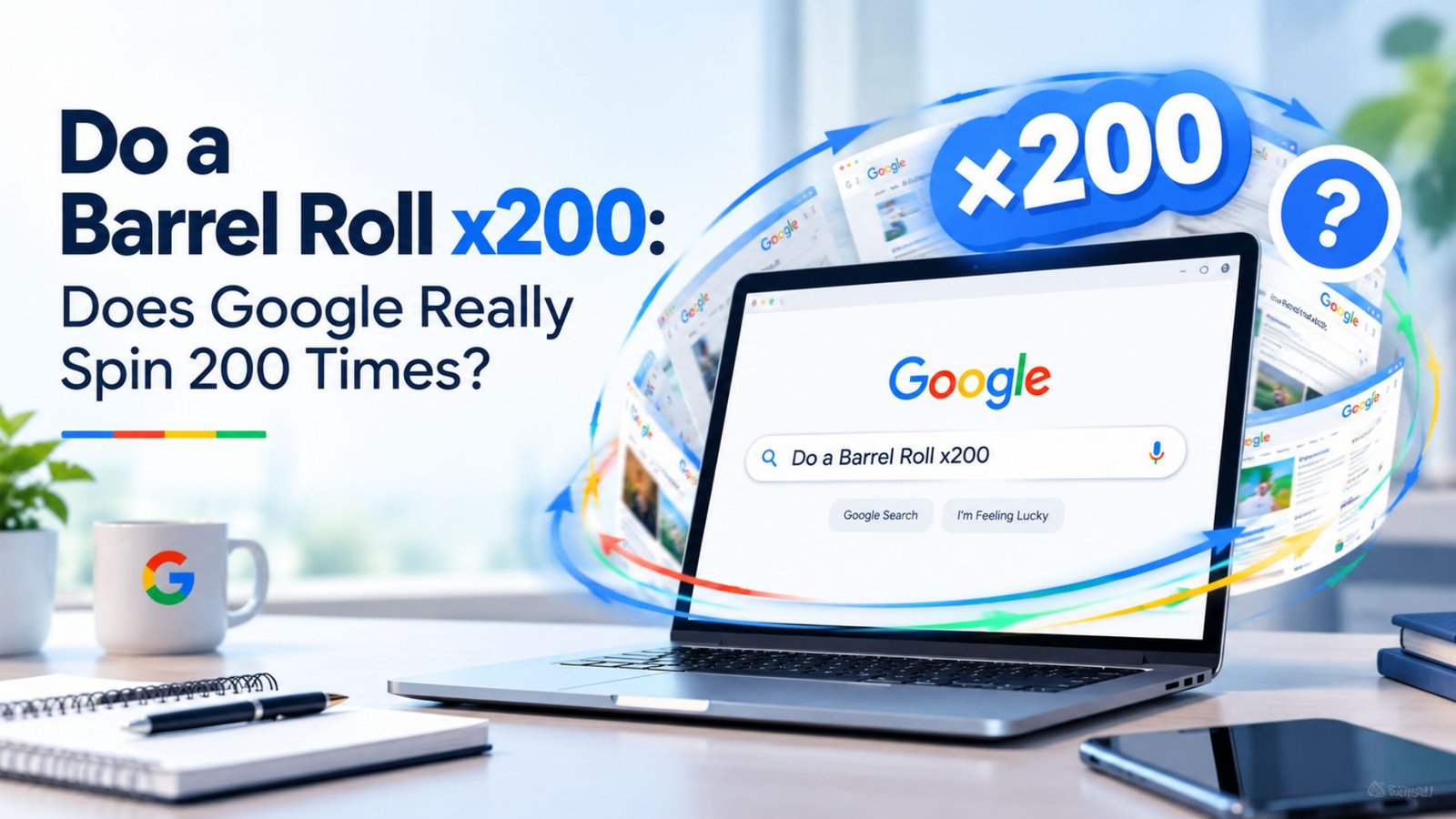 Do a Barrel Roll x200 Google Easter egg showing a rotating search screen and 200-spin concept.