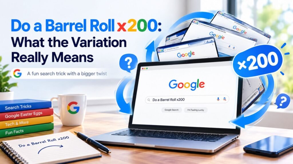 Google-inspired search screen showing the “Do a Barrel Roll x200” variation with rotating screen layers and a ×200 graphic.
