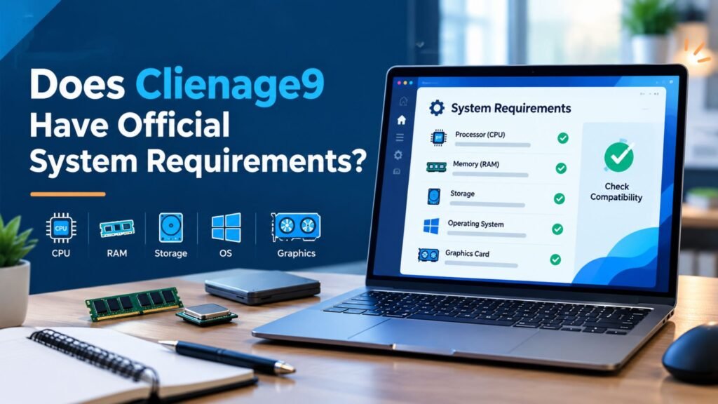 Clienage9 system requirements concept showing a modern laptop with generic CPU, RAM, storage, operating system, and software compatibility indicators.
