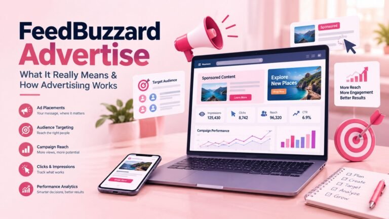 FeedBuzzard Advertise showing how digital advertising, sponsored content, audience targeting, and campaign analytics work.