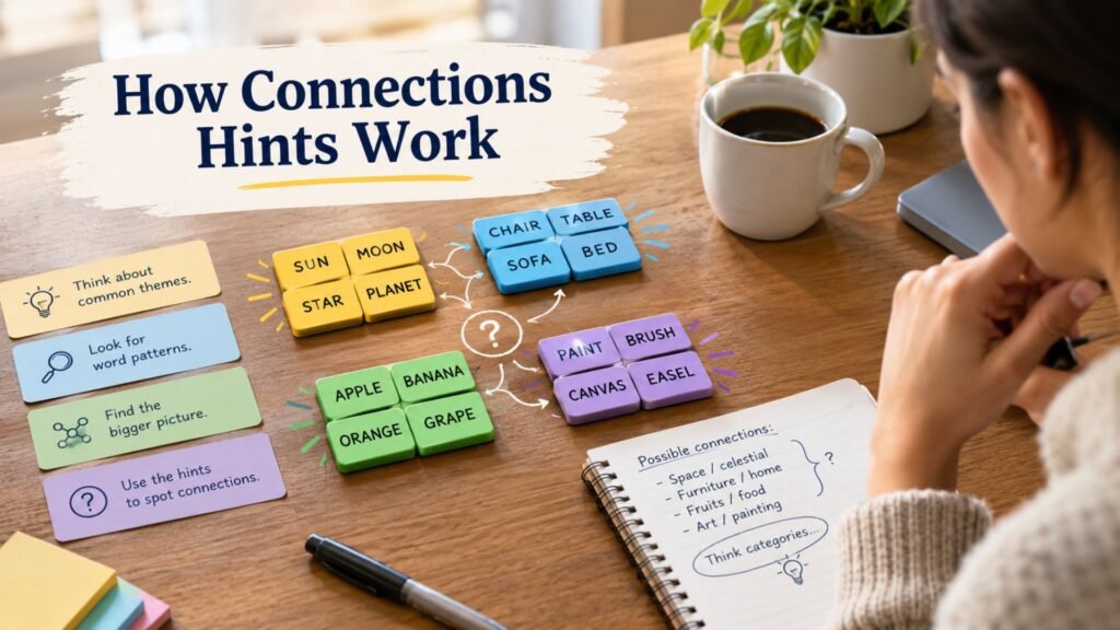 How Connections hints work with colorful word tiles, clues, and category connections for solving a puzzle