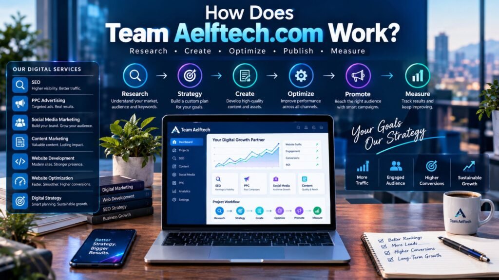 Team Aelftech.com workflow showing digital research, SEO, content creation, website optimization, publishing, analytics, and performance measurement.