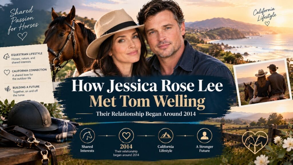 “Jessica Rose Lee and Tom Welling relationship story featuring an equestrian setting, California landscape, horses, and a 2014 relationship timeline.”
