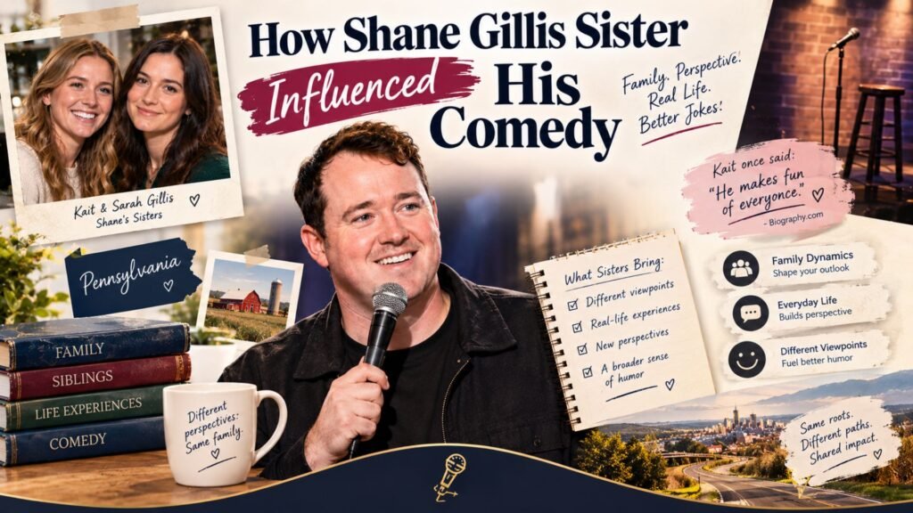 Shane Gillis performing comedy with family and sibling imagery representing how his sisters influenced his perspective and humor.