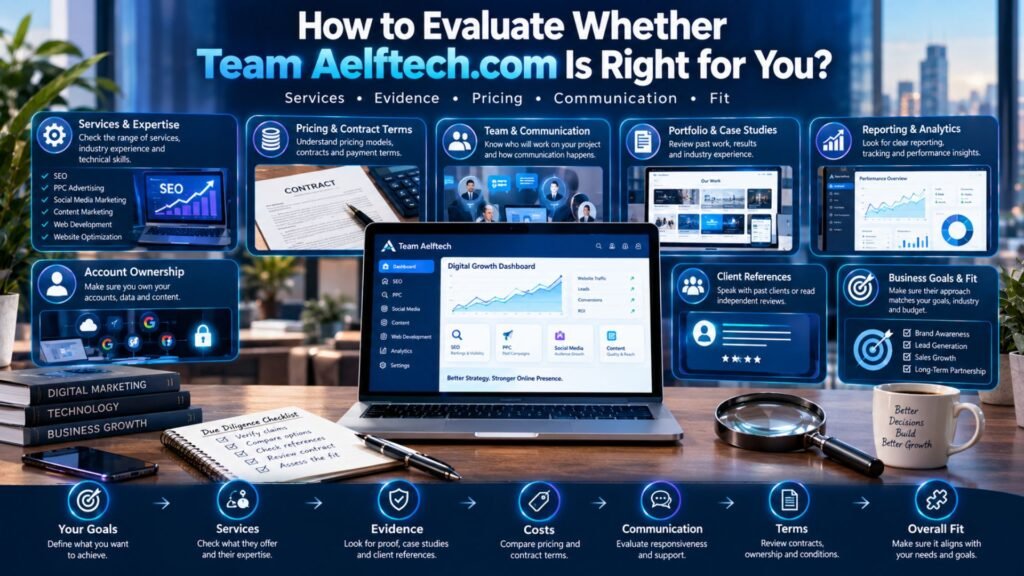 “How to evaluate Team Aelftech.com using business goals, services, pricing, case studies, communication, reporting, contract terms, and overall fit.”