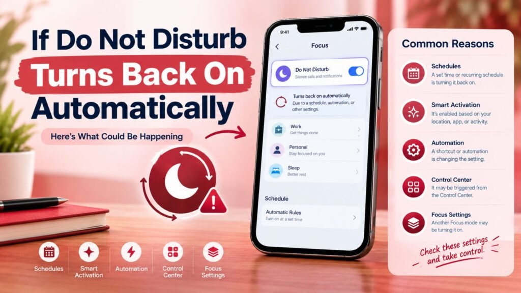 iPhone Do Not Disturb turning back on automatically due to Focus schedules or automation settings.