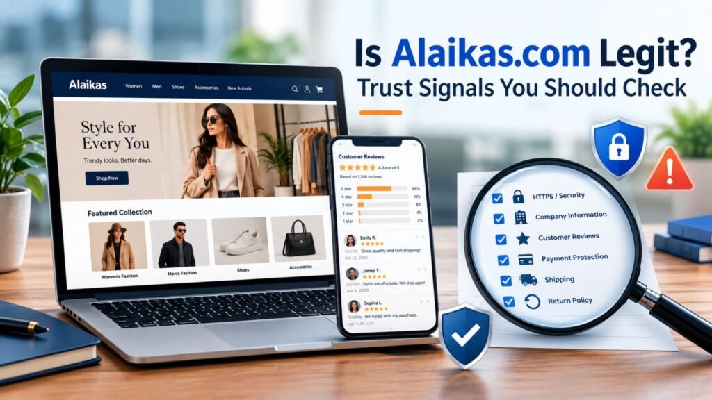 Alaikas.com legitimacy review showing online store, customer reviews, security checks, payment protection, and trust signals