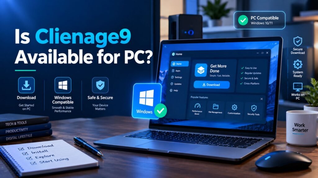 Is Clienage9 available for PC, shown on a modern desktop computer with software compatibility and download icons.