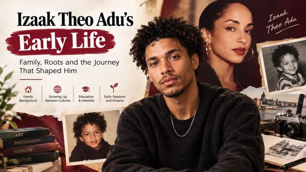 Izaak Theo Adu’s early life, family background, childhood, education, and early interests featured in a biography-style editorial image.