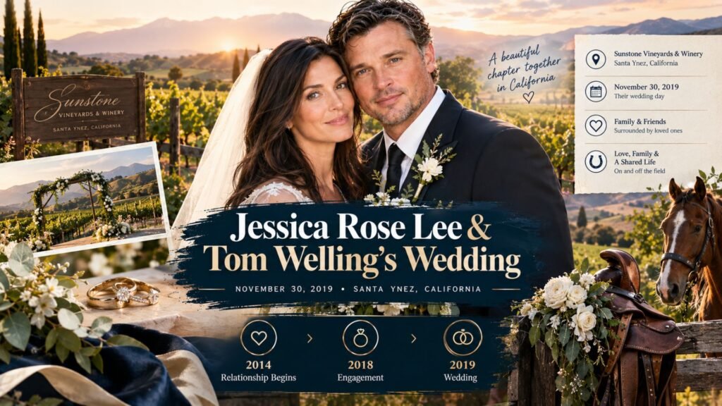 “Jessica Rose Lee and Tom Welling’s wedding at a California vineyard, featuring elegant wedding details, vineyard scenery, and a November 30, 2019 timeline.”