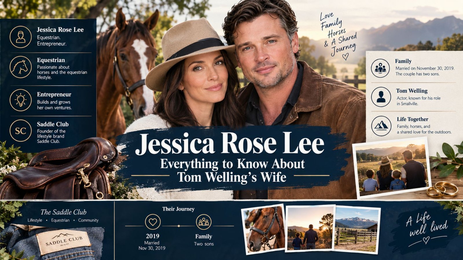 Jessica Rose Lee and Tom Welling featured in a celebrity biography image with equestrian, family, wedding, ranch, and lifestyle elements.
