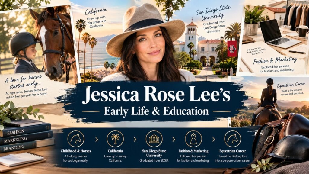 Jessica Rose Lee’s early life and education featuring horses, California upbringing, San Diego State University, and her path toward fashion and equestrian work.