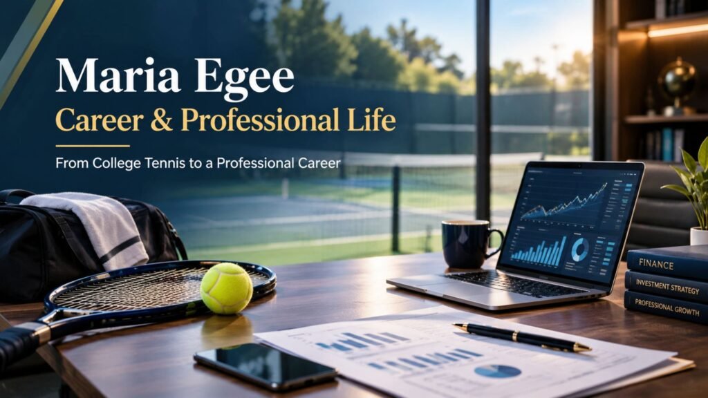 Maria Egee career and professional life, featuring a modern finance workspace, tennis racket, financial charts, and subtle college tennis imagery.
