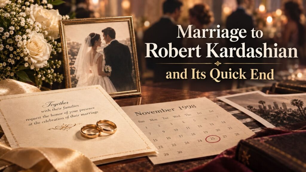 Jan Ashley and Robert Kardashian’s brief 1998 marriage represented through a vintage wedding scene and symbolic annulment documents