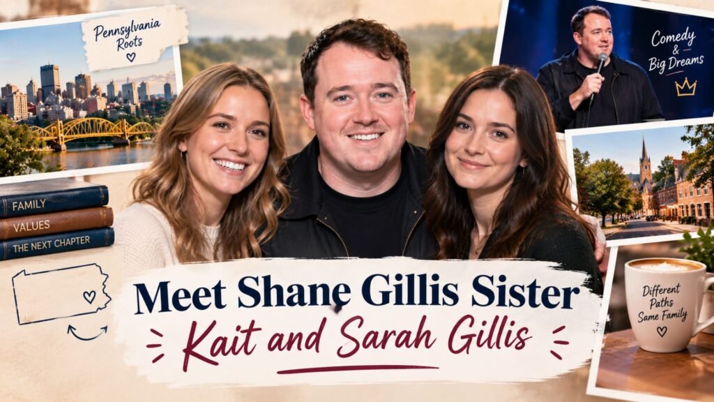 Shane Gillis with sisters Kait and Sarah Gillis in a warm family-focused editorial image about their lives and family background.