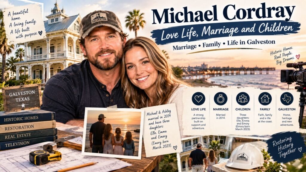 Michael Cordray and Ashley Cordray with family imagery representing their marriage, children, love life, and family life in Galveston, Texas.