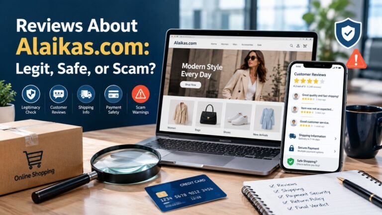 Reviews About Alaikas com guide showing online shopping, customer reviews, security checks, and scam awareness