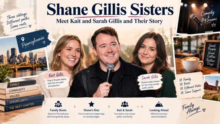 Shane Gillis sisters Kait and Sarah Gillis featured in a family-focused editorial illustration about their backgrounds and different paths.