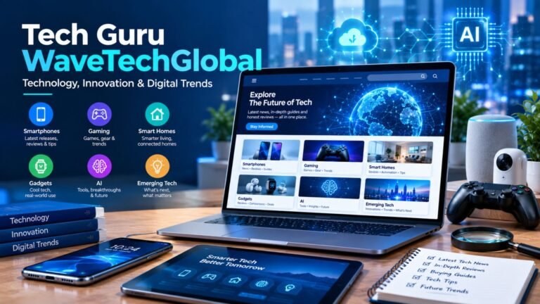 Tech Guru WaveTechGlobal technology editorial image featuring smartphones, AI, gaming, smart-home devices, gadgets, and emerging tech trends.