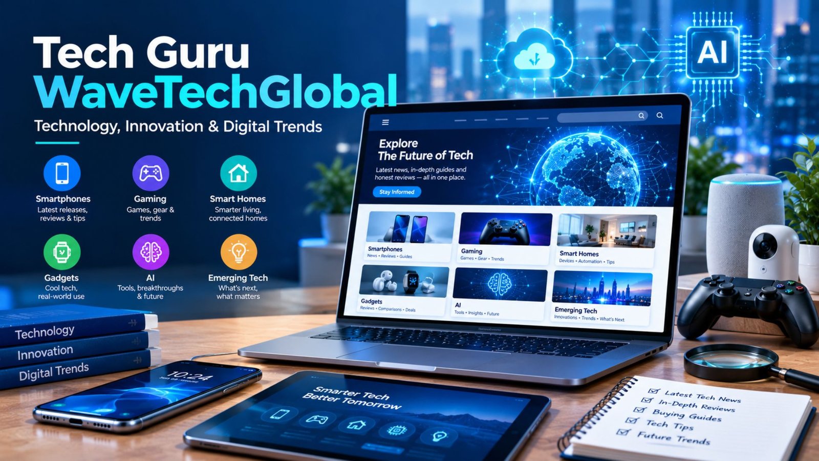 Tech Guru WaveTechGlobal technology editorial image featuring smartphones, AI, gaming, smart-home devices, gadgets, and emerging tech trends.