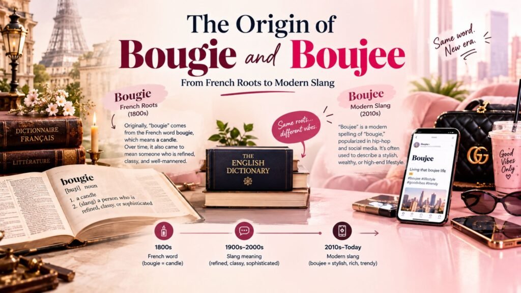 The origin and evolution of Bougie and Boujee from historical French roots to modern slang usage.