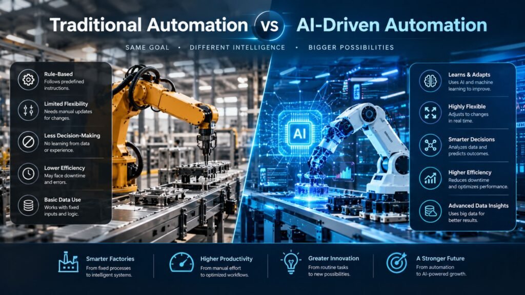 Traditional automation vs. AI-driven automation showing rule-based industrial robots compared with adaptive AI-powered systems, data analytics, smart decisions, and advanced manufacturing.