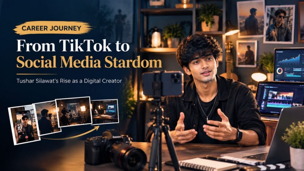 Tushar Silawat's social media career journey, represented by a content creator using a smartphone, camera, and laptop in a modern video production studio.