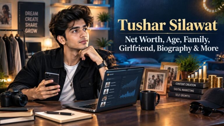 Tushar Silawat biography featured image showing a social media creator in a content studio with digital media, lifestyle, family, and financial visuals, alongside the title “Net Worth, Age, Family, Girlfriend, Biography & More.”