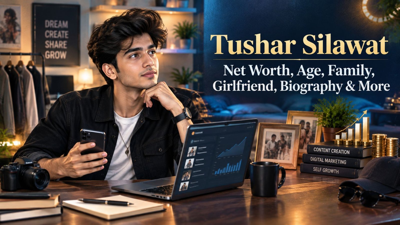 Tushar Silawat biography featured image showing a social media creator in a content studio with digital media, lifestyle, family, and financial visuals, alongside the title “Net Worth, Age, Family, Girlfriend, Biography & More.”