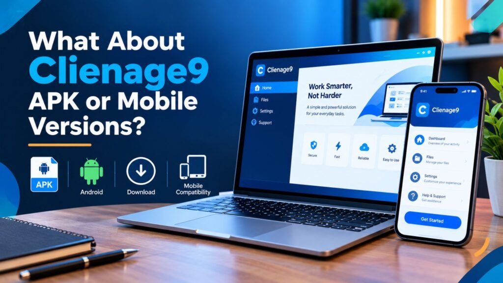 Clienage9 APK and mobile version compatibility shown on a smartphone and laptop