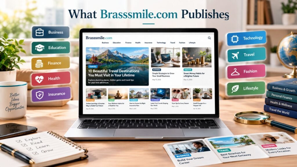 What Brasssmile.com publishes, showing a multi-topic blog covering business, education, finance, health, technology, travel, and lifestyle
