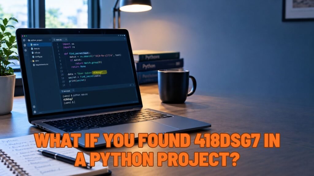 aptop displaying Python code with the mysterious string 418dsg7 highlighted in a developer workspace