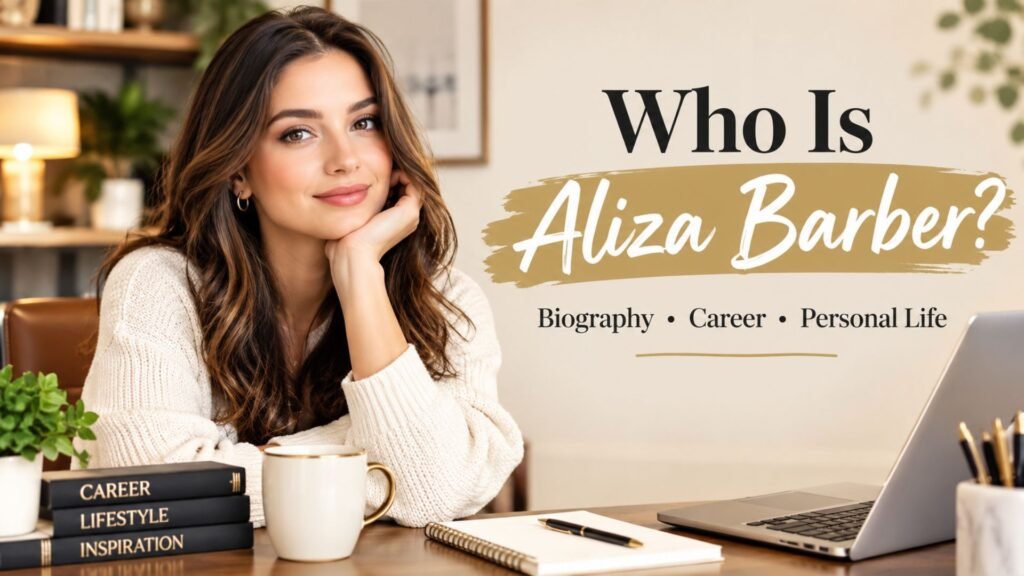 Professional featured image for Who Is Aliza Barber, showing an elegant woman in a modern editorial setting with subtle biography and career-themed elements.