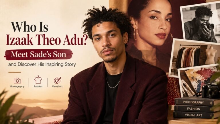 Izaak Theo Adu, Sade Adu’s son, featured in a biography-style editorial image about his life and career.
