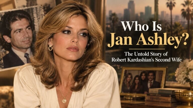 Jan Ashley, Robert Kardashian's second wife, featured in a vintage-inspired biographical portrait composition