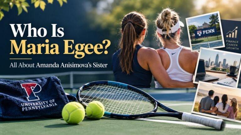 Maria Egee, Amanda Anisimova’s sister, represented through a tennis court, racket, and finance-themed editorial setting