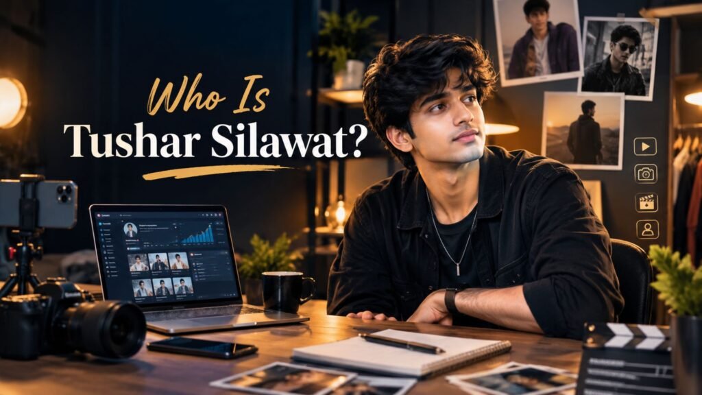 Tushar Silawat biography featured image showing a young Indian social media creator in a modern content-creation studio with camera, smartphone, laptop, and digital media visuals.