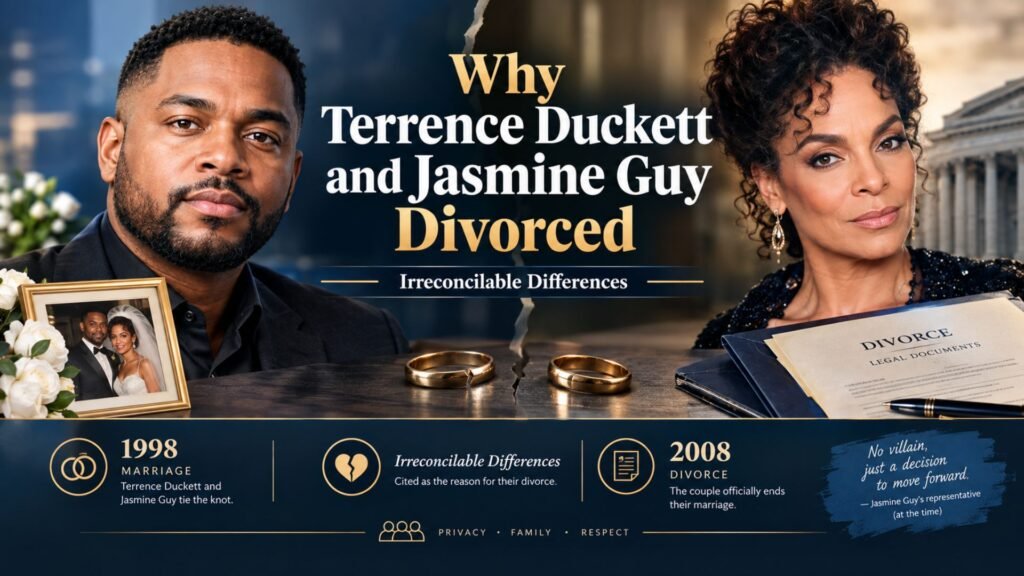Terrence Duckett and Jasmine Guy divorce biography image showing separated profiles, wedding rings, legal documents, and a 1998–2008 marriage timeline.
