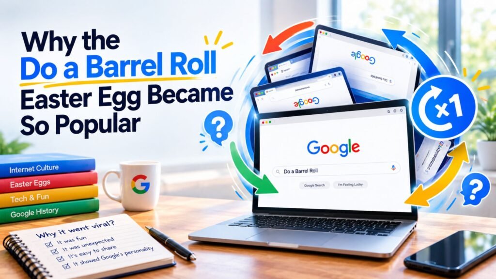 Do a Barrel Roll Easter egg on a laptop with rotating search screens and colorful motion arrows